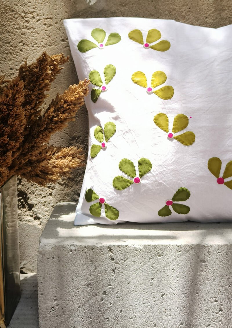 Cushion Cover - Applique clovers, Light and Dark green